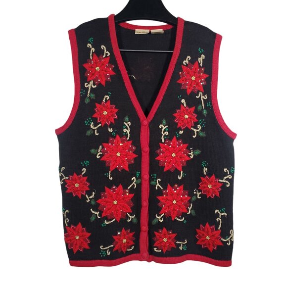 Bobbie Brooks Poinsettia Knit Sweater Vest Sleeveless Cardigan Felt V-neck - Picture 1 of 6